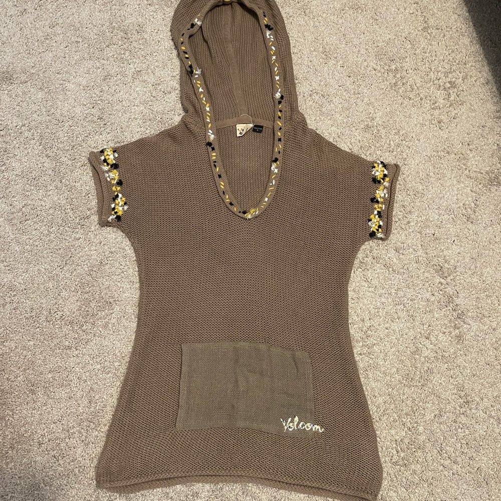 Volcom Hooded Knit Top with Floral Accents